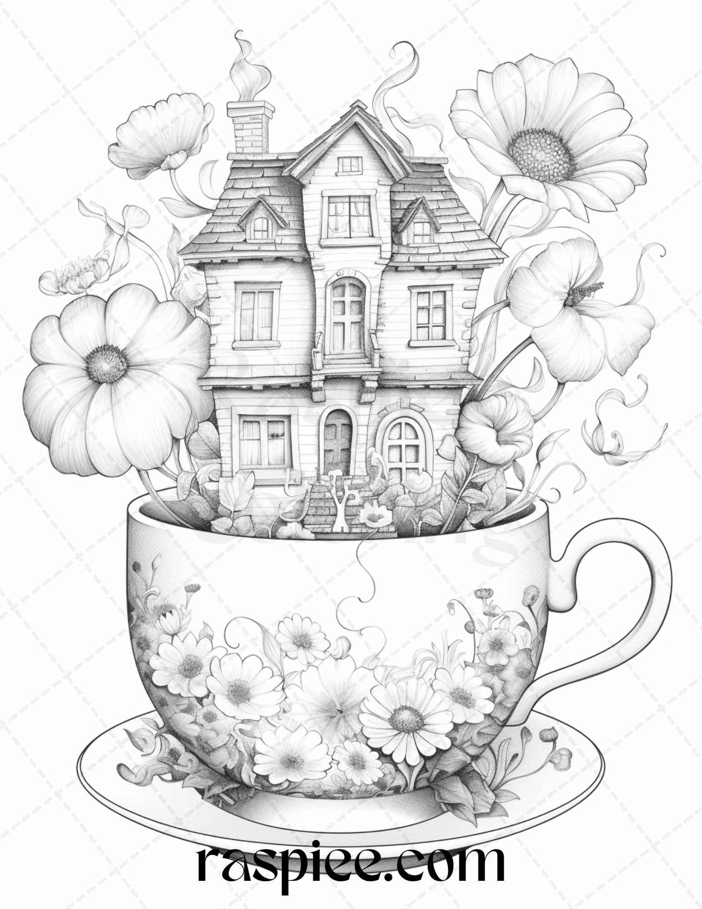 40 Flower Teacup Fairy Houses Grayscale Coloring Pages Printable for Adults, PDF File Instant Download