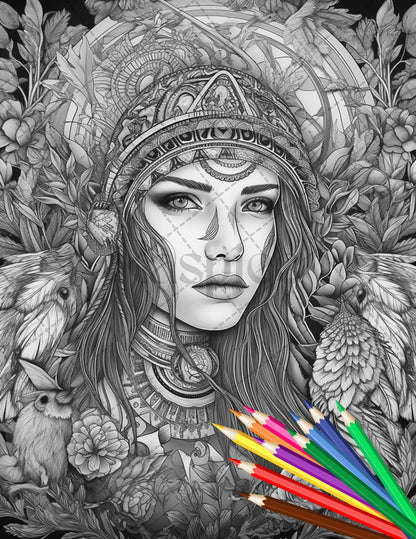 30 Native American Girls Printable Coloring Pages for Adult, Native American Culture Grayscale Coloring Book, Printable PDF File Download