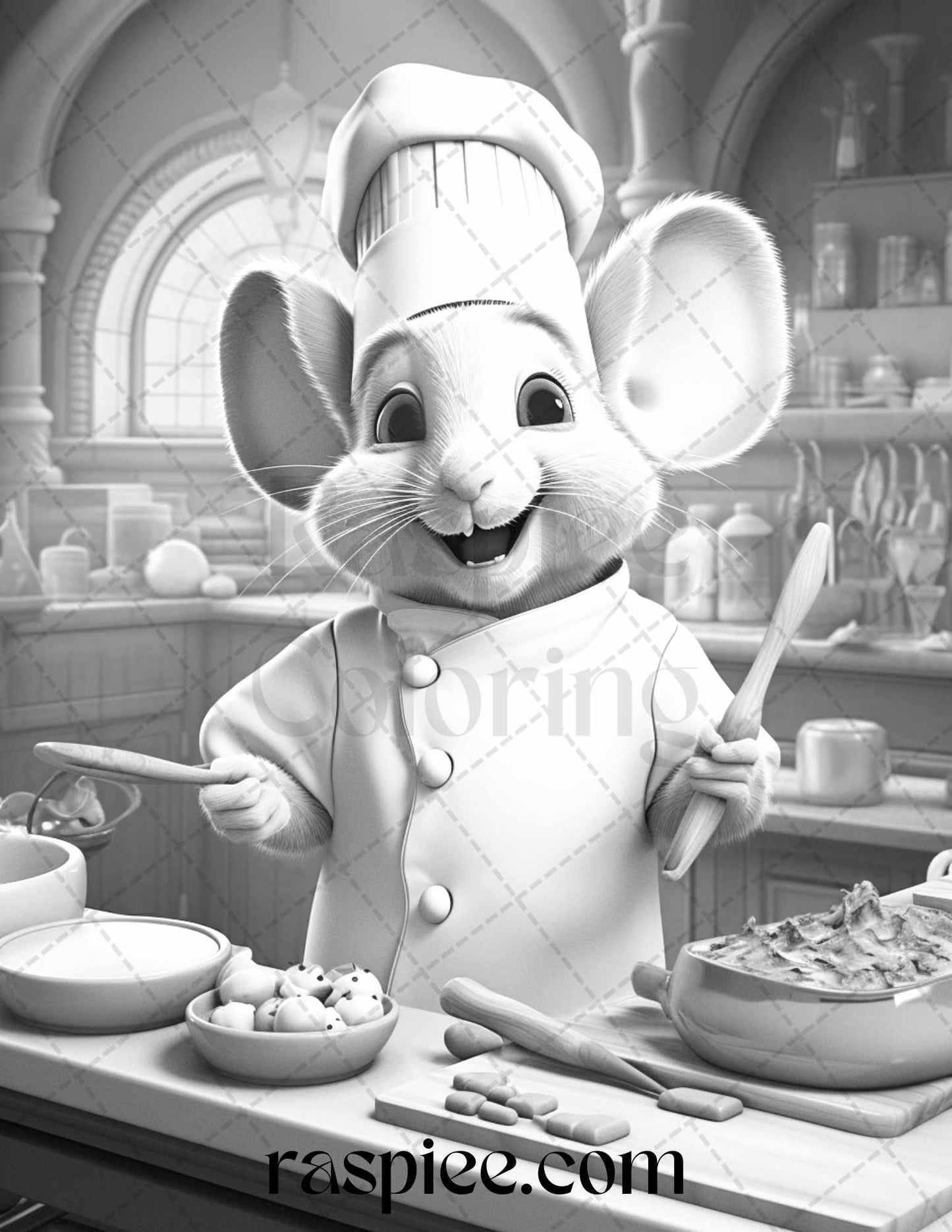 45 Mouse Chef Grayscale Coloring Pages Printable for Adults, PDF File Instant Download