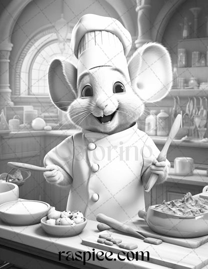 45 Mouse Chef Grayscale Coloring Pages Printable for Adults, PDF File Instant Download