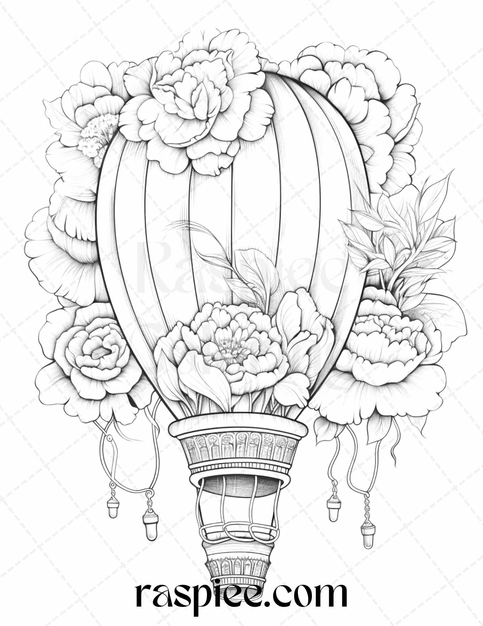 42 Flower Hot Air Balloons Grayscale Coloring Pages Printable for Adults, PDF File Instant Download