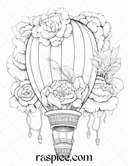 42 Flower Hot Air Balloons Grayscale Coloring Pages Printable for Adults, PDF File Instant Download