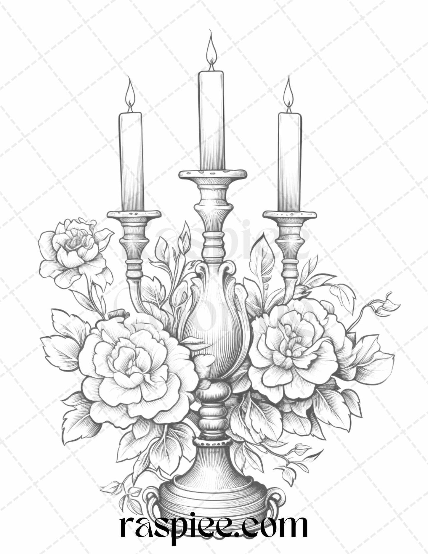 40 Flower Candles Grayscale Coloring Pages Printable for Adults, PDF File Instant Download