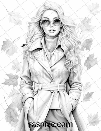 40 Fall Fashion Grayscale Coloring Pages for Adults, Printable PDF File Instant Download