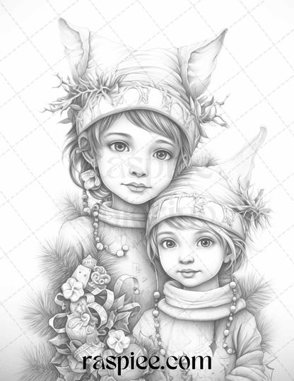 110 Christmas Elves Grayscale Coloring Pages Printable for Adults Kids, PDF File Instant Download