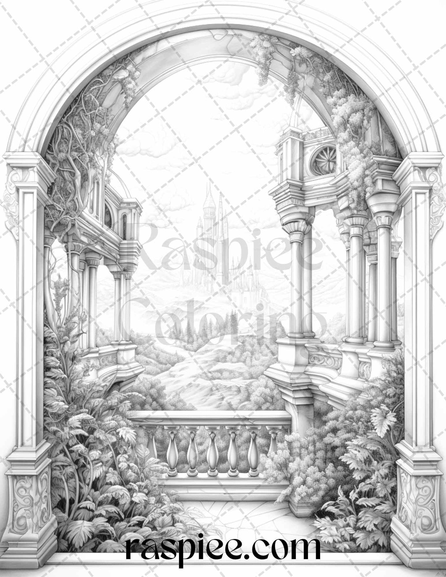 40 Window to Fantasy Worlds Grayscale Coloring Pages Printable for Adults, PDF File Instant Download