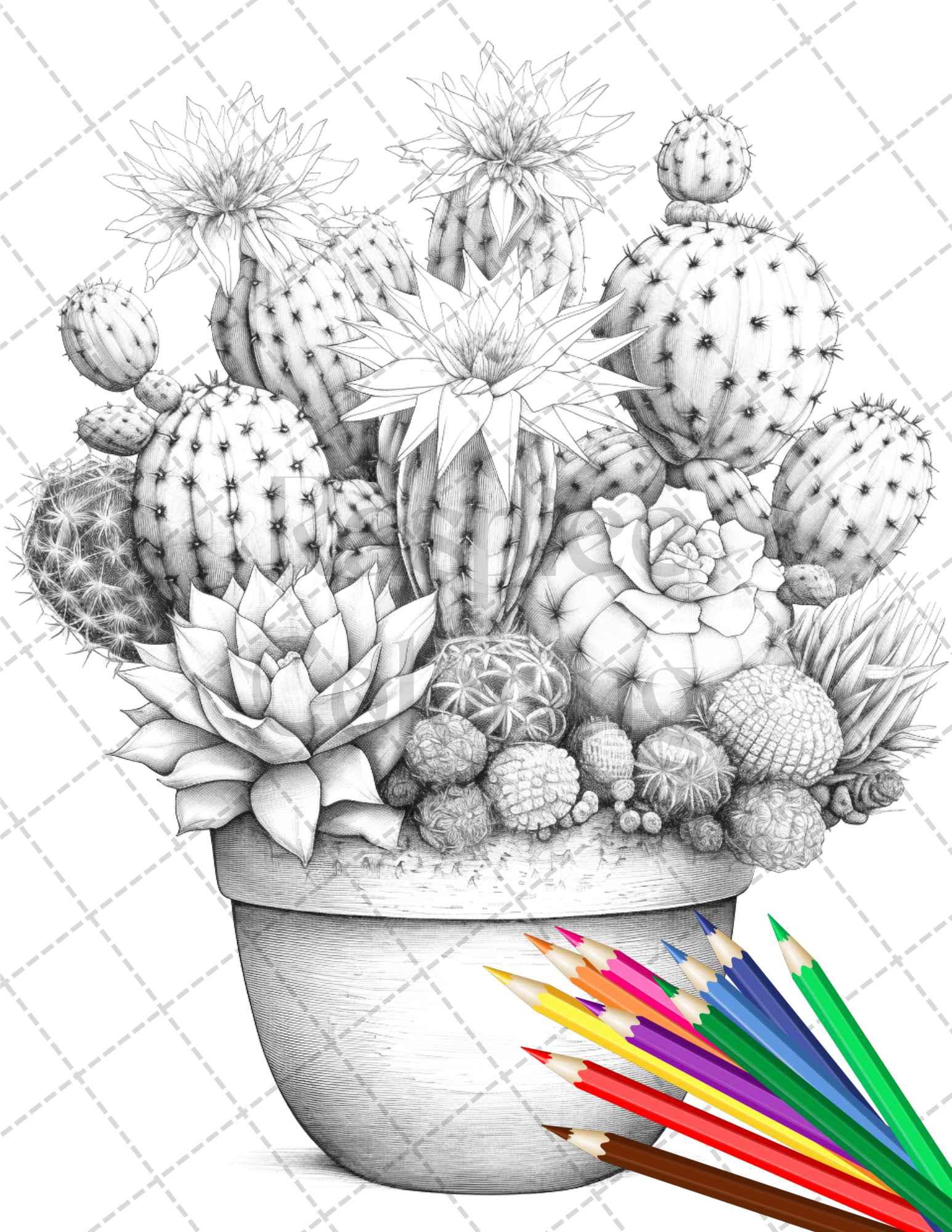 40 Charming Cactus Pots Grayscale Coloring Pages Printable for Adults, PDF File Instant Download