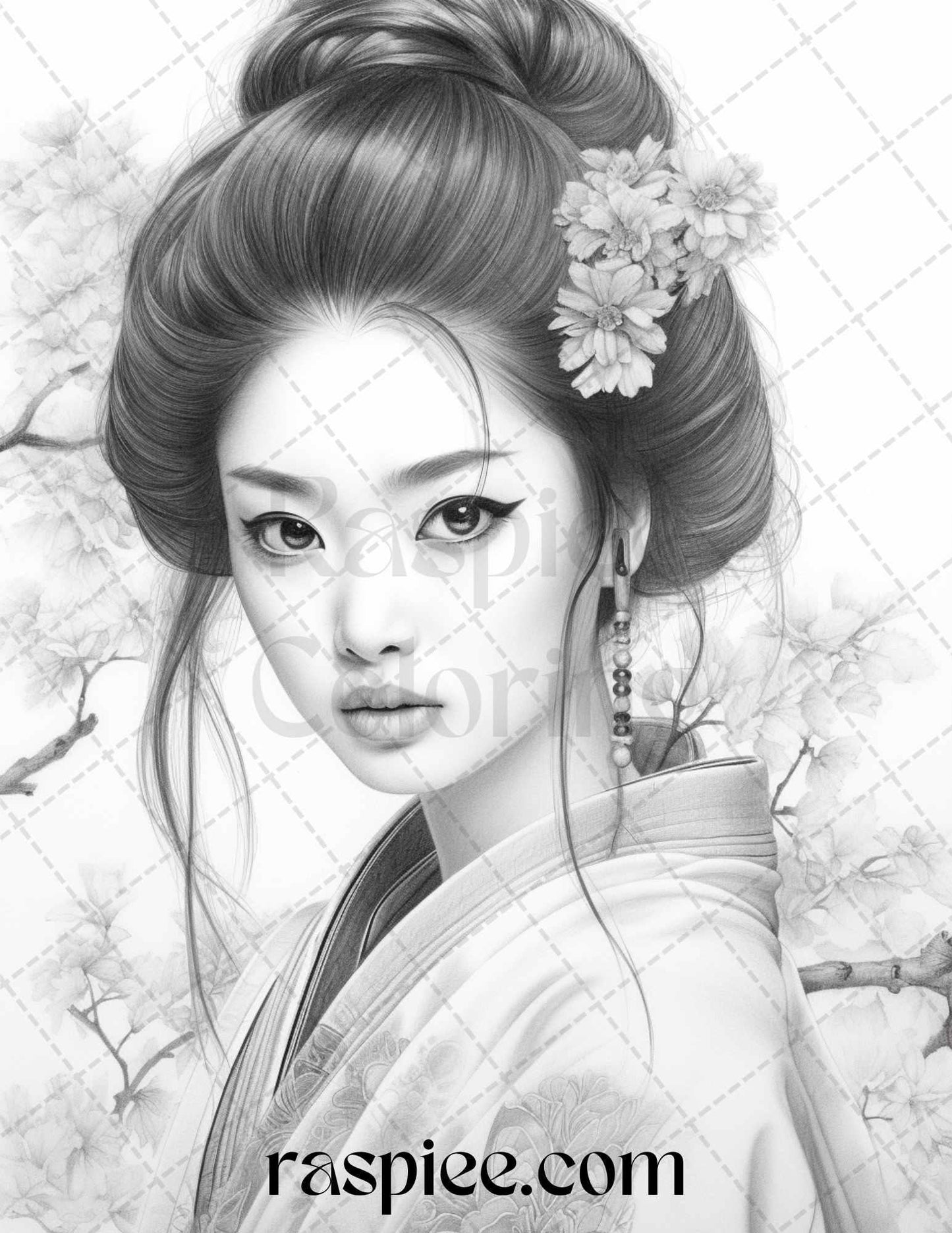 40 Beautiful Japanese Girls Grayscale Coloring Pages Printable for Adults, PDF File Instant Download