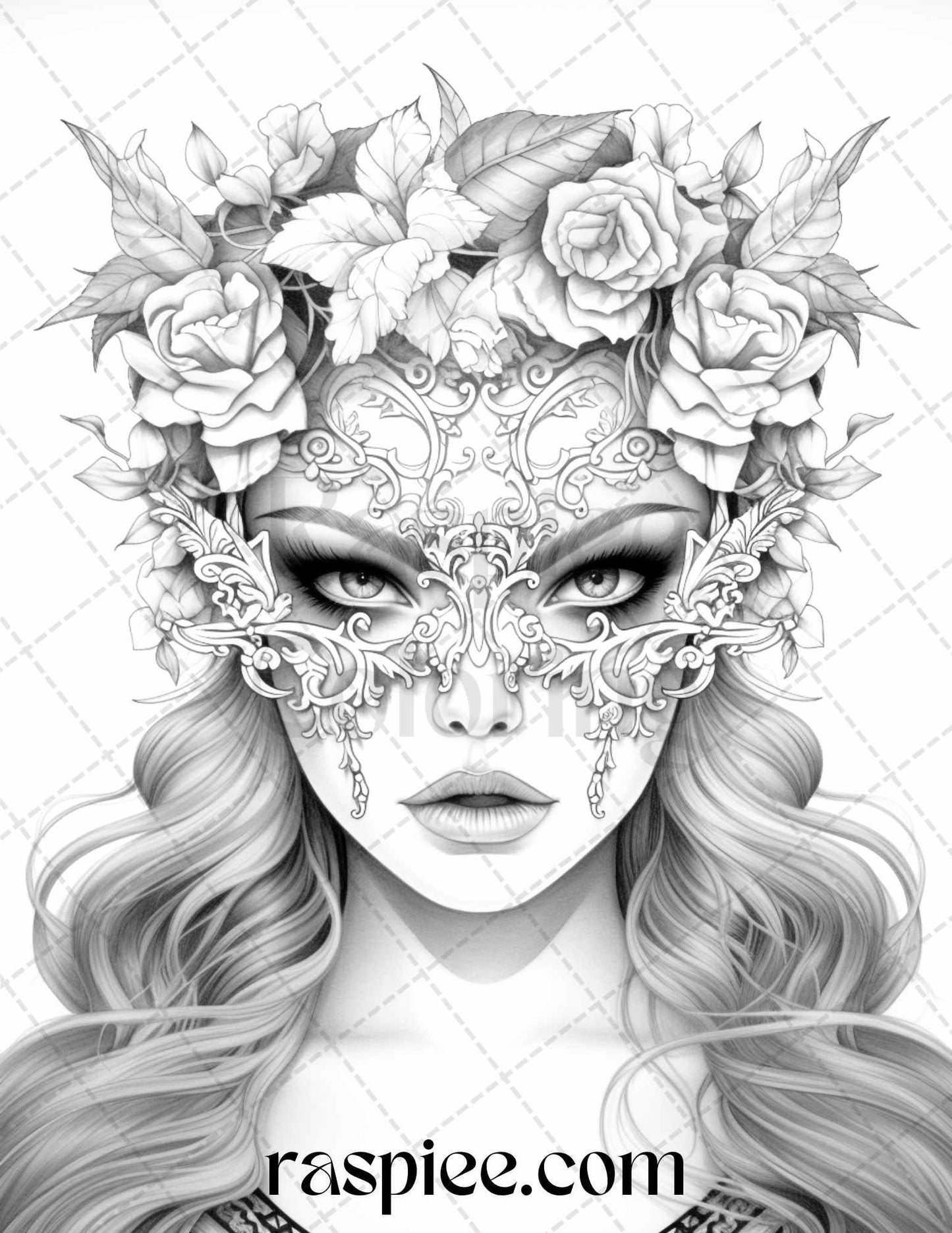 40 Masquerade Girls Grayscale Coloring Pages Printable for Adults, PDF File Instant Download