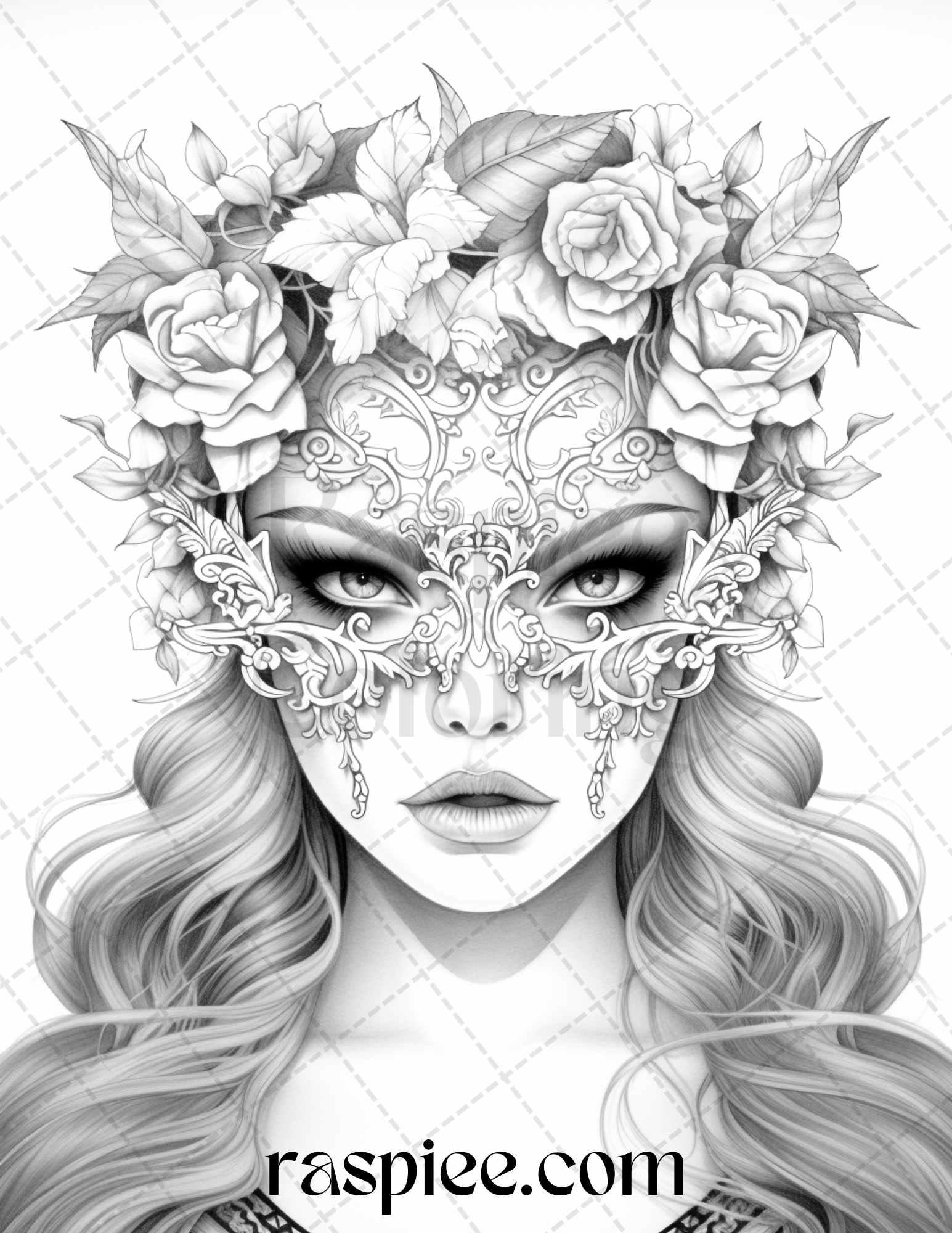 40 Masquerade Girls Grayscale Coloring Pages Printable for Adults, PDF File Instant Download