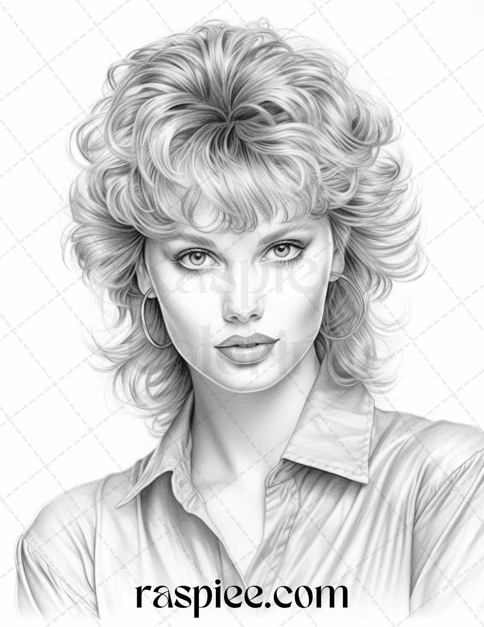 1980s Retro Beautiful Women Grayscale Coloring Pages for Adults, PDF File Instant Download