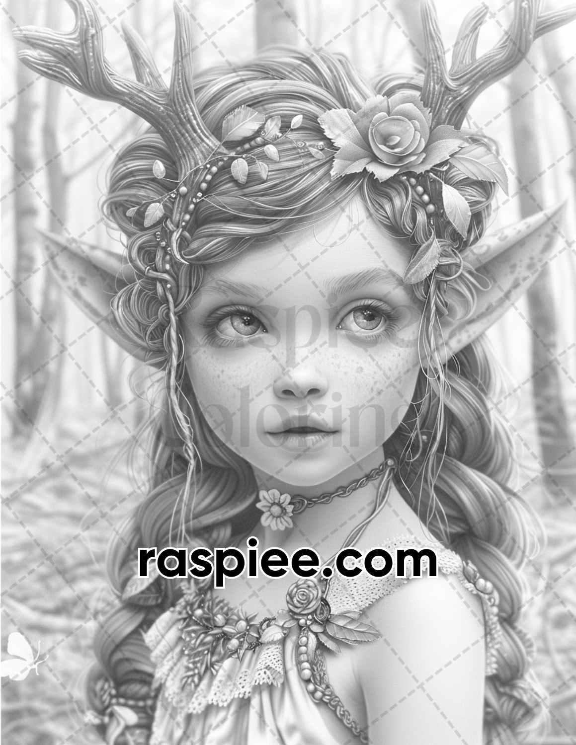 62 Magical Fairy Antler Grayscale Adult Coloring Pages, Printable PDF Instant Download