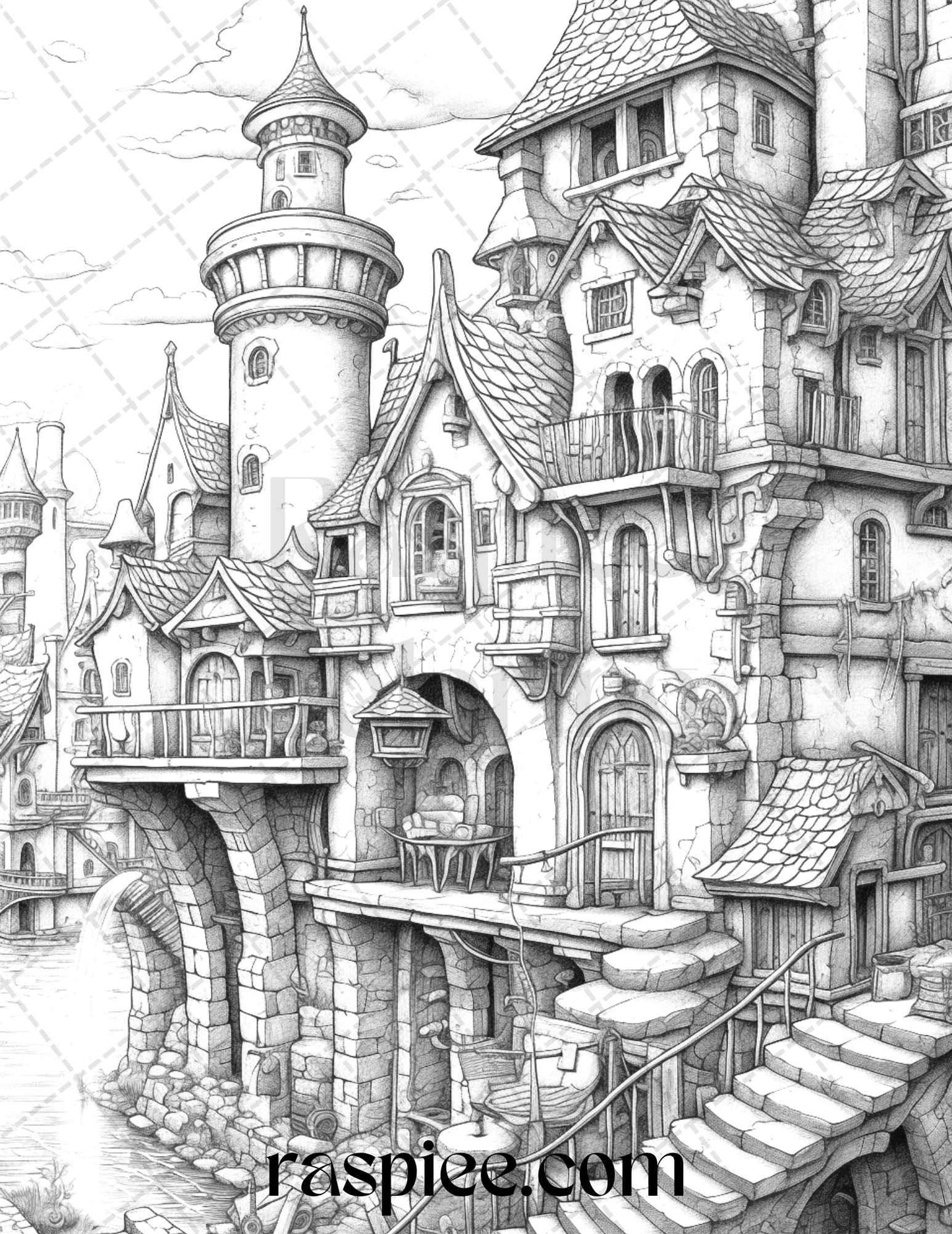 40 Fantasy Village Grayscale Coloring Pages Printable for Adults, PDF File Instant Download