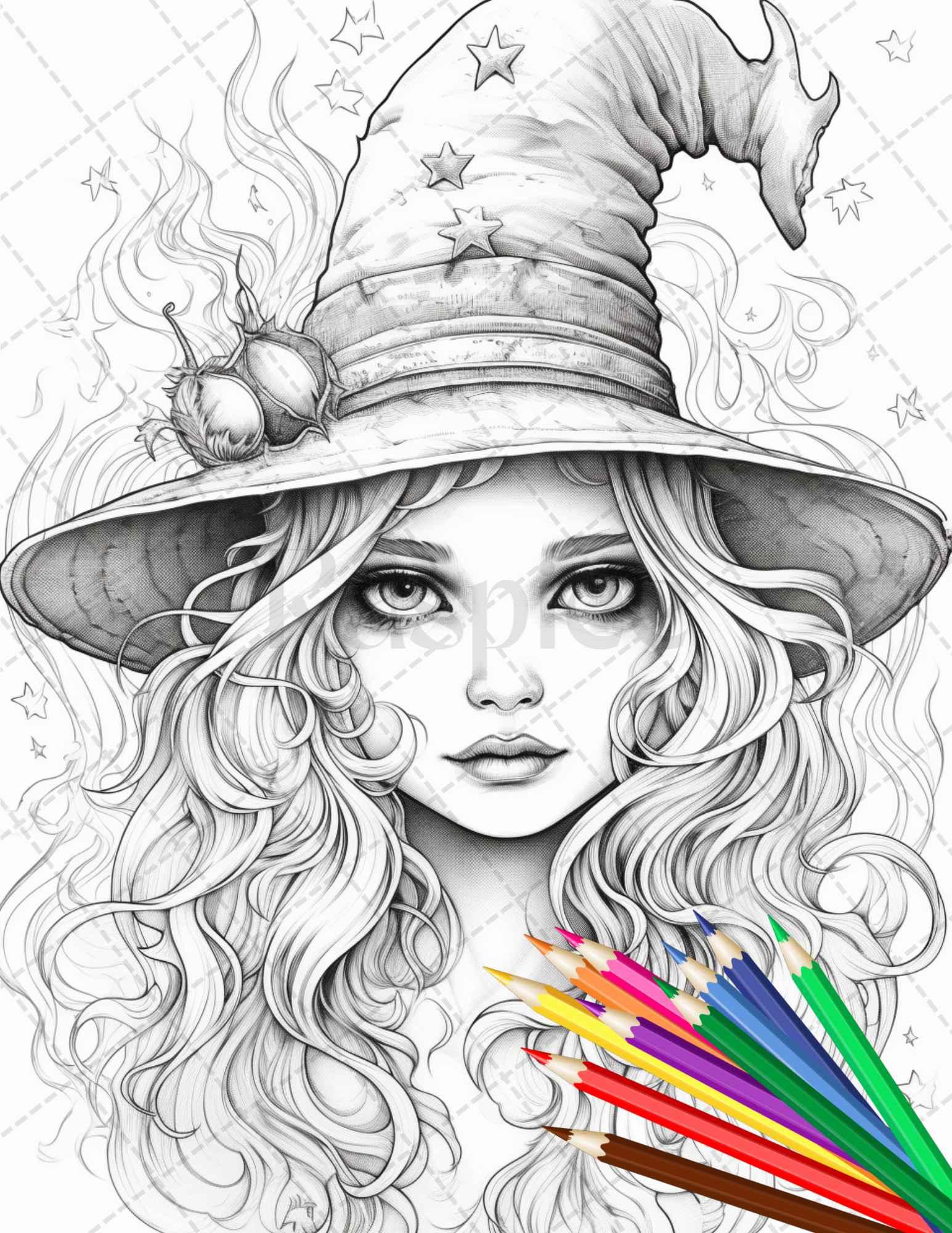 40 Cute Witches Coloring Pages Printable for Adults, Grayscale Coloring Page, PDF File Instant Download