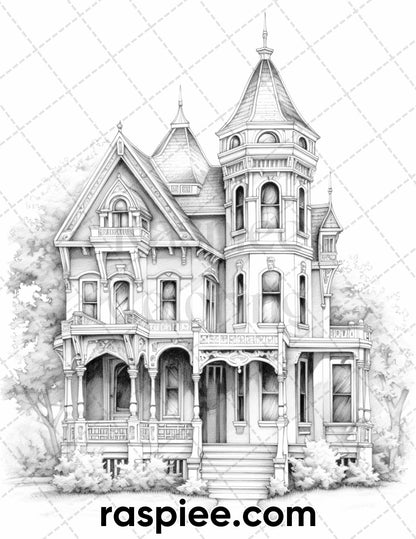 40 Victorian Mansions Grayscale Coloring Pages for Adults, Printable PDF Instant Download