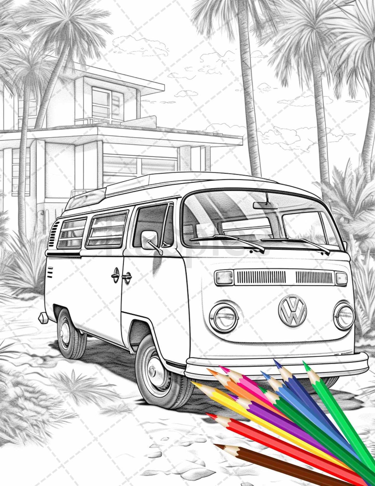 30 Campervan Adventure Grayscale Coloring Pages Printable for Adults, PDF File Instant Download