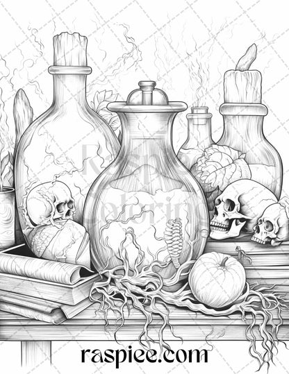 40 Mystical Magic Potions Grayscale Coloring Pages Printable for Adults, PDF File Instant Download