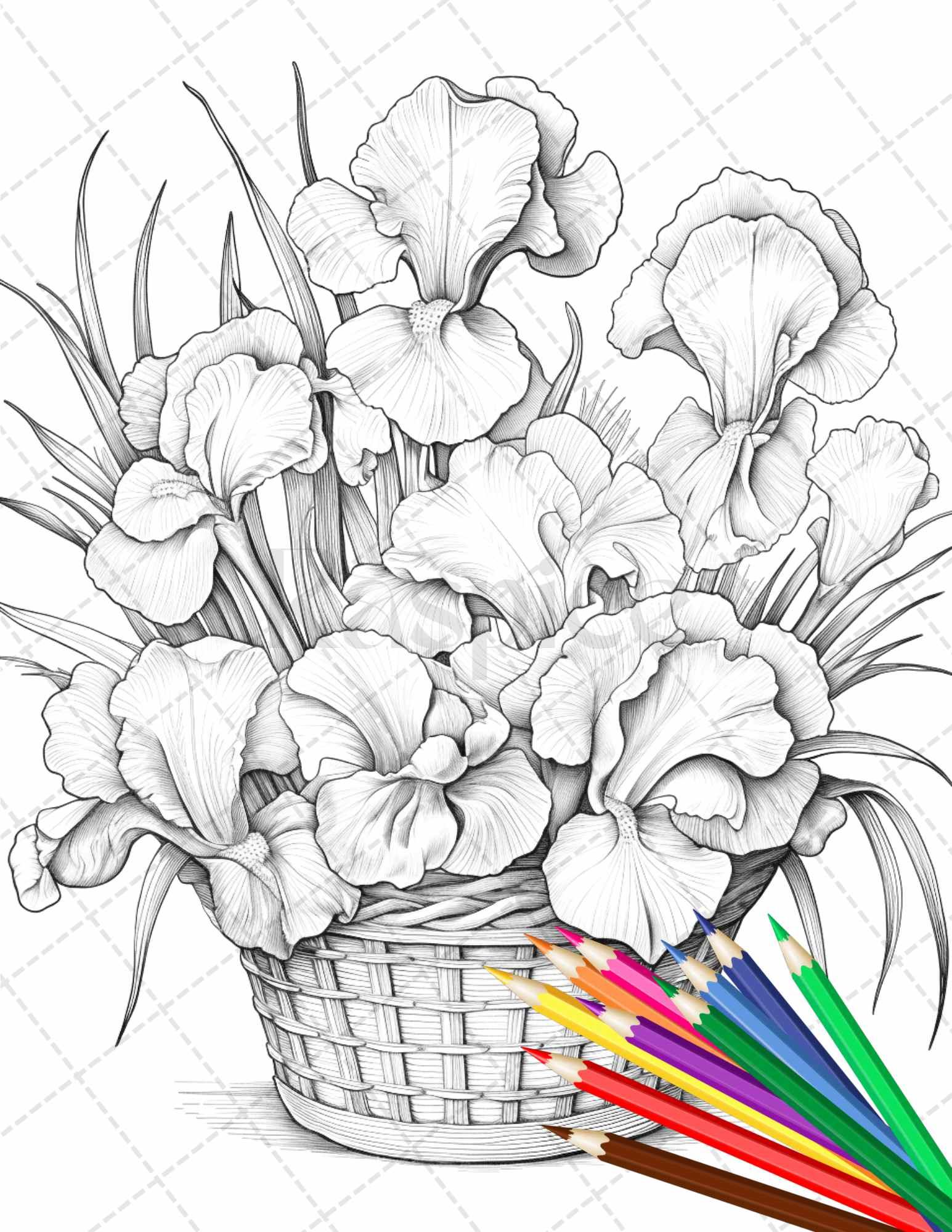 30 Flower Baskets Grayscale Coloring Pages for Adults, PDF File Instant Download