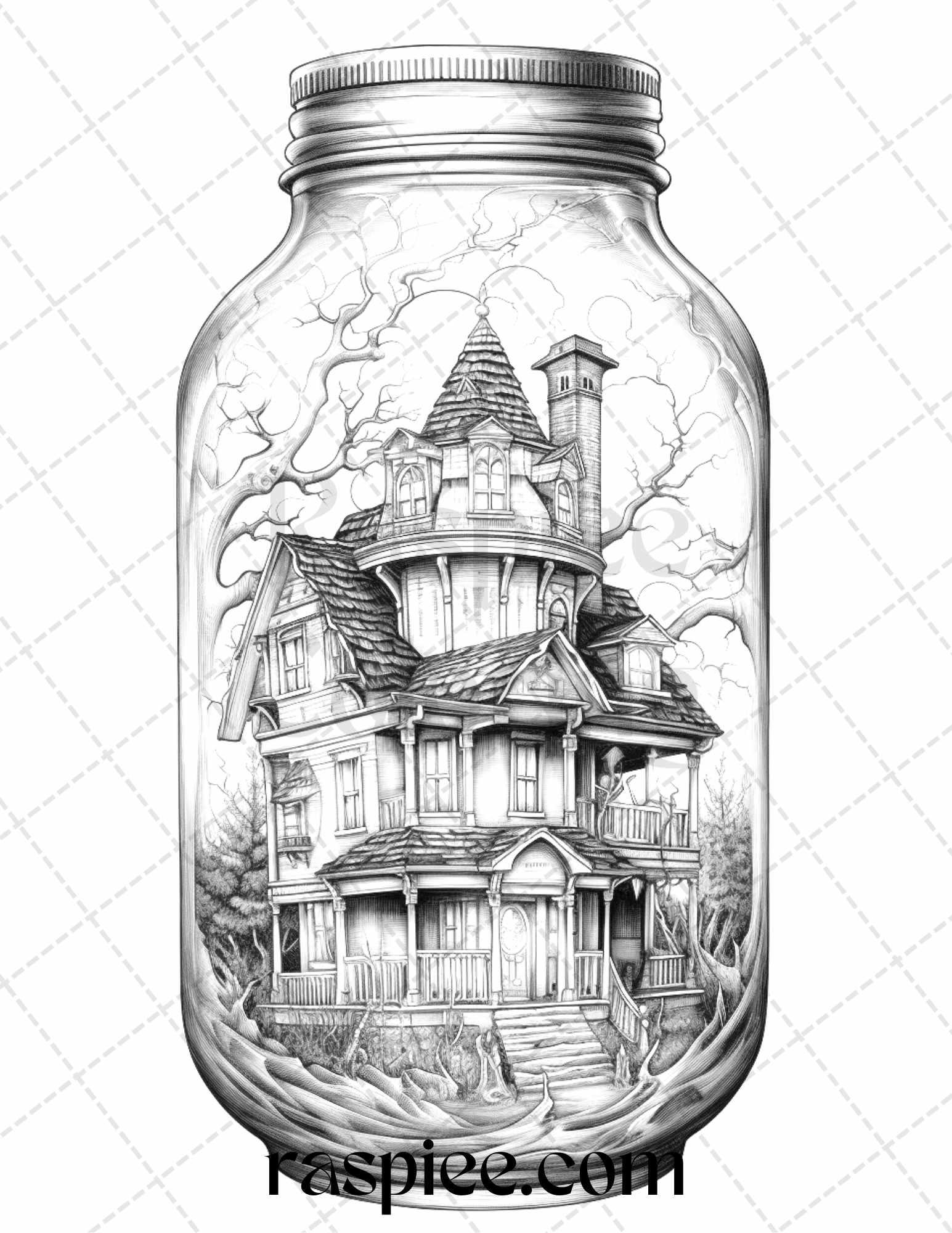 40 Halloween in Jar Grayscale Coloring Pages for Adults, Printable PDF File Instant Download