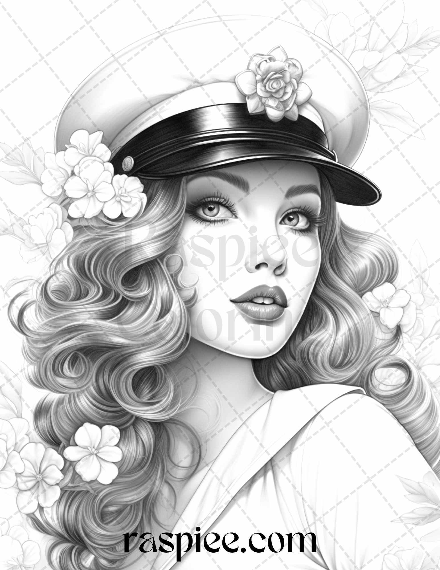 40 Sailor Pin Up Girls Grayscale Coloring Pages Printable for Adults, PDF File Instant Download