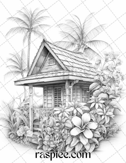 40 Hawaii Tiki Houses Grayscale Coloring Pages Printable for Adults, PDF File Instant Download