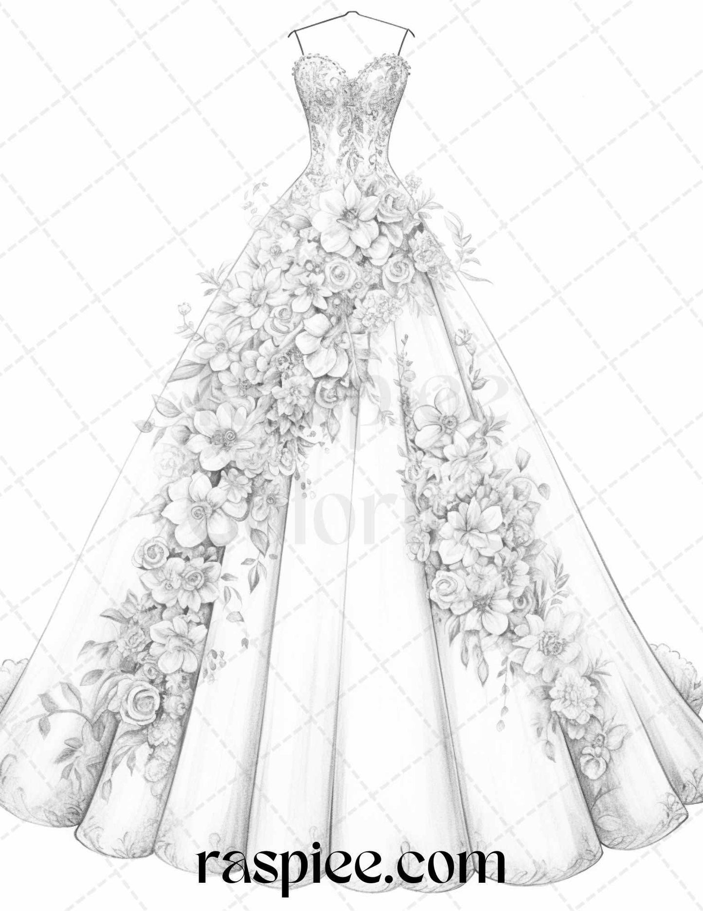 40 Elegant Floral Wedding Dresses Grayscale Coloring Pages Printable for Adults, PDF File Instant Download