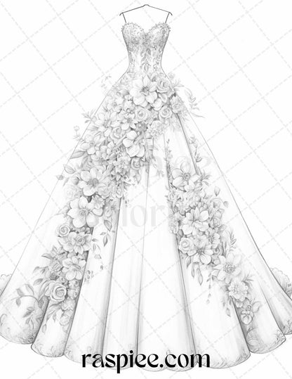 40 Elegant Floral Wedding Dresses Grayscale Coloring Pages Printable for Adults, PDF File Instant Download