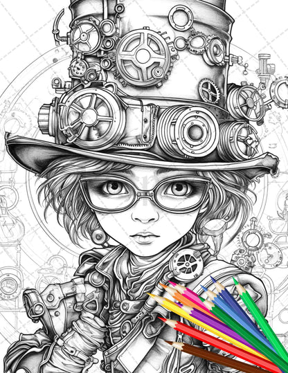 31 Adorable Steampunk Girls Coloring Pages Printable for Adults, Grayscale Coloring Page, PDF File Instant Download