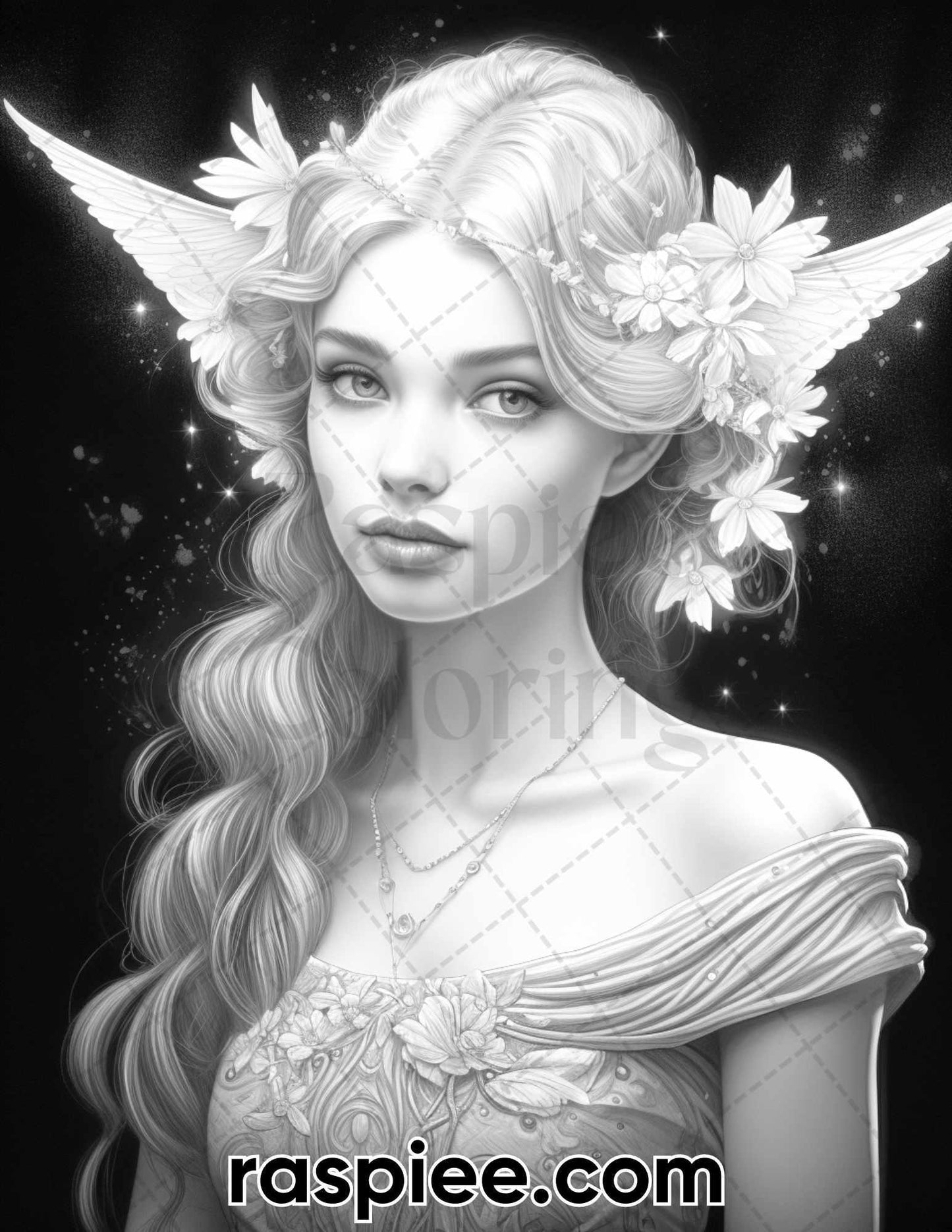 50 Starlight Fairy Grayscale Coloring Pages for Adults, Printable PDF File Instant Download