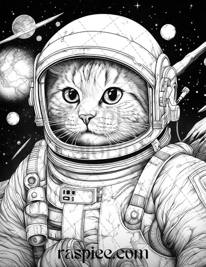 40 Cat Astronaut Grayscale Coloring Pages Printable for Adults Kids, PDF File Instant Download