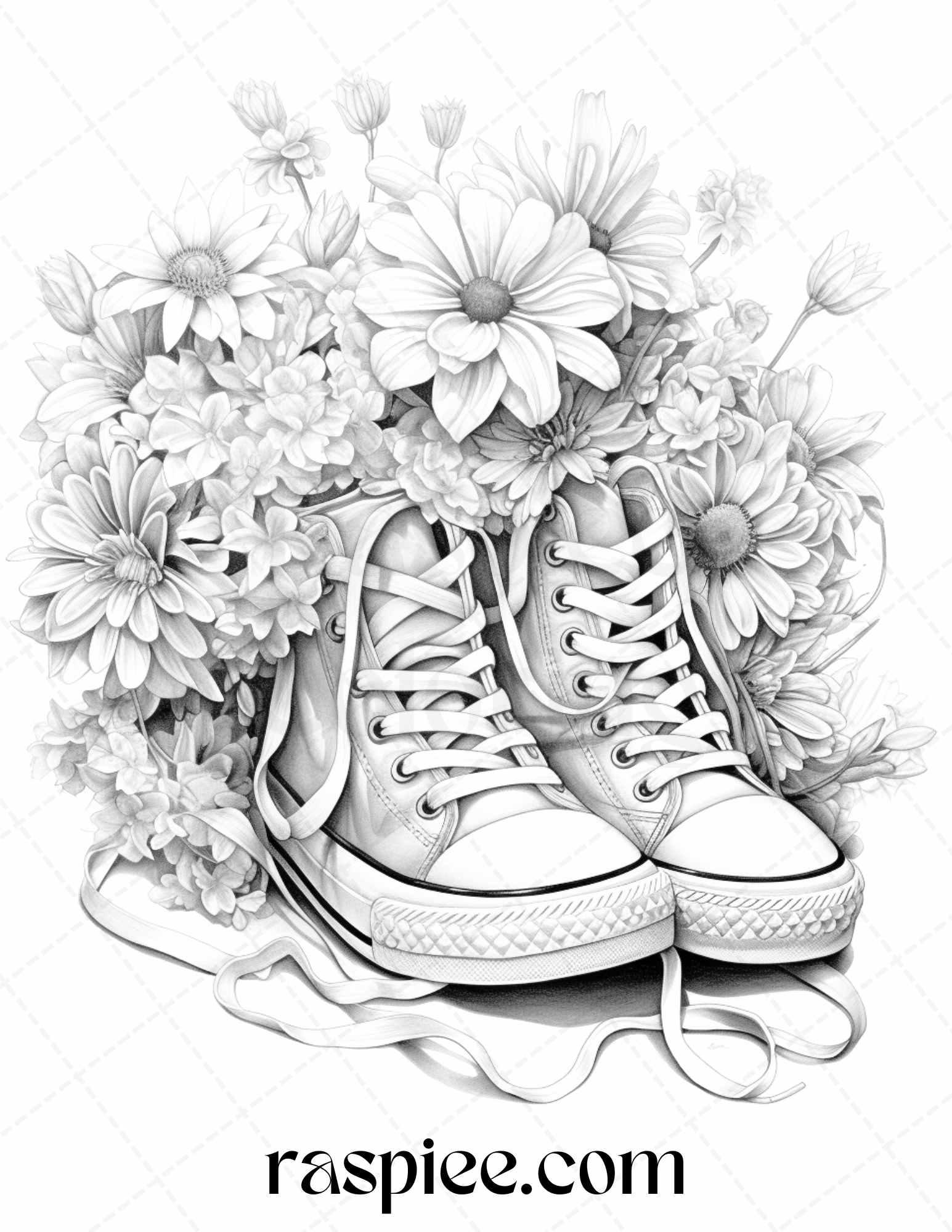 40 Flower Sneakers Grayscale Coloring Pages Printable for Adults, PDF File Instant Download