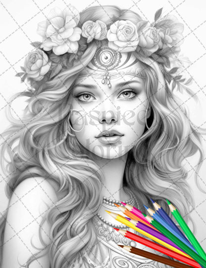 43 Beautiful Hippie Girls Grayscale Coloring Pages Printable for Adults, PDF File Instant Download