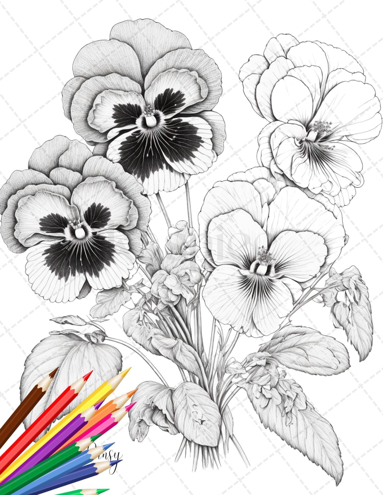 30 Botanical Flowers Printable Coloring Pages for Adults, Floral Grayscale Coloring Book, Printable PDF File Download