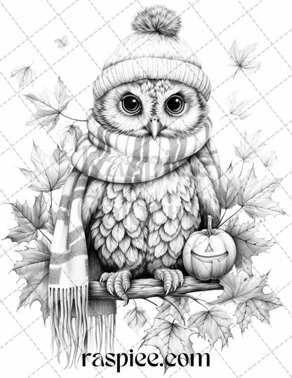 40 Cute Fall Animals Grayscale Coloring Pages Printable for Adults and Kids, PDF File Instant Download