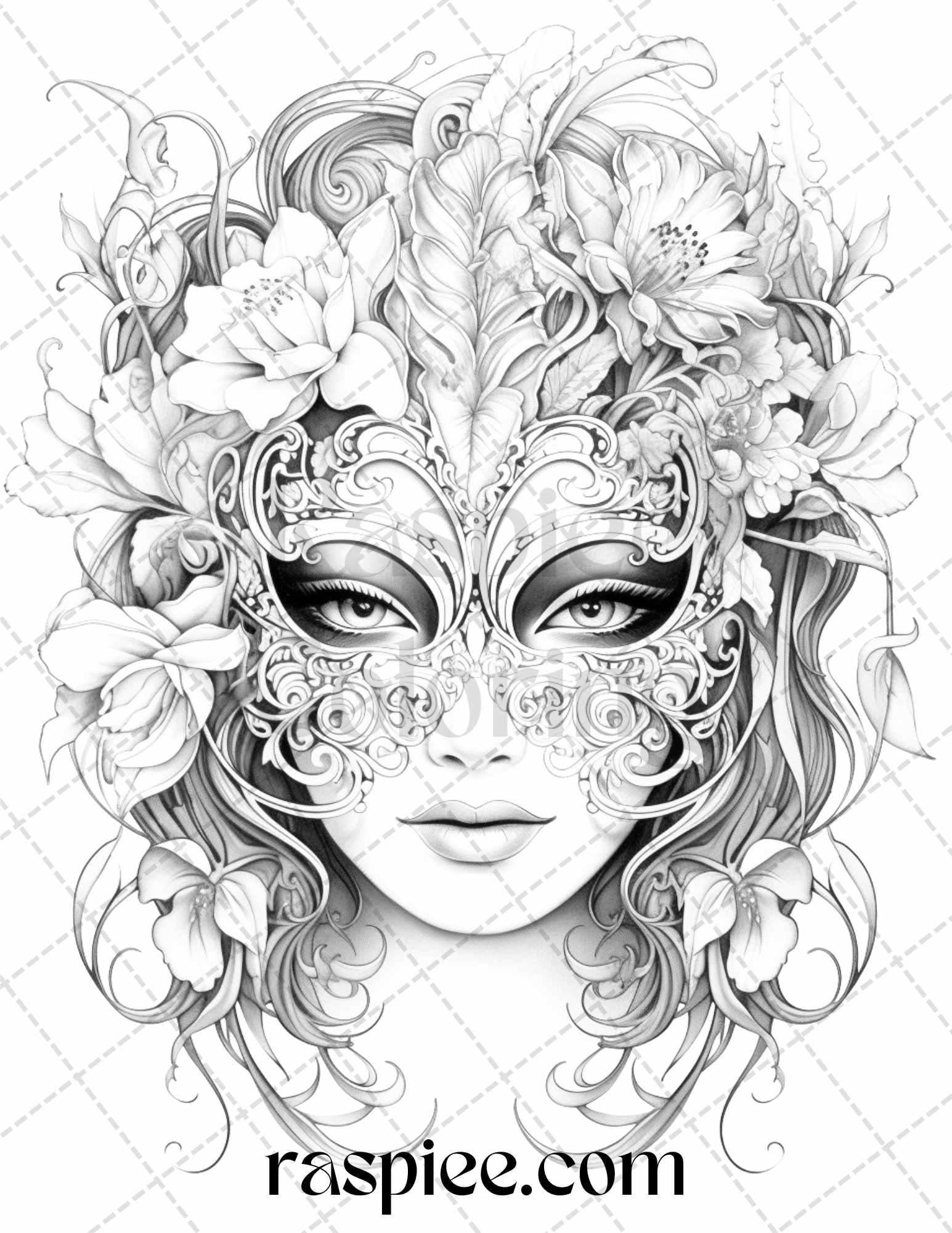 40 Masquerade Masks Grayscale Coloring Pages Printable for Adults, PDF File Instant Download