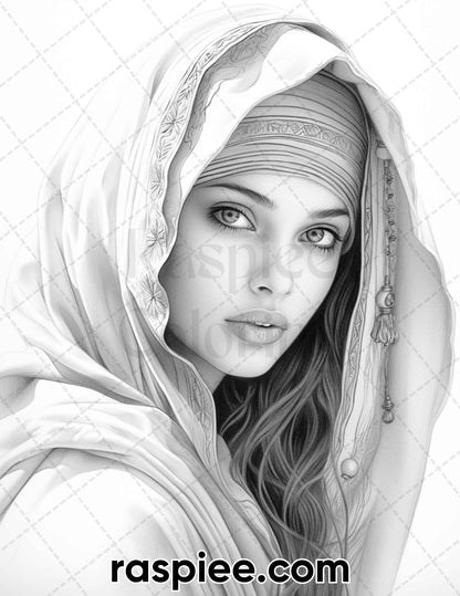 42 Arabian Woman Portrait Gayscale Coloring Pages for Adults, Printable PDF Instant Download