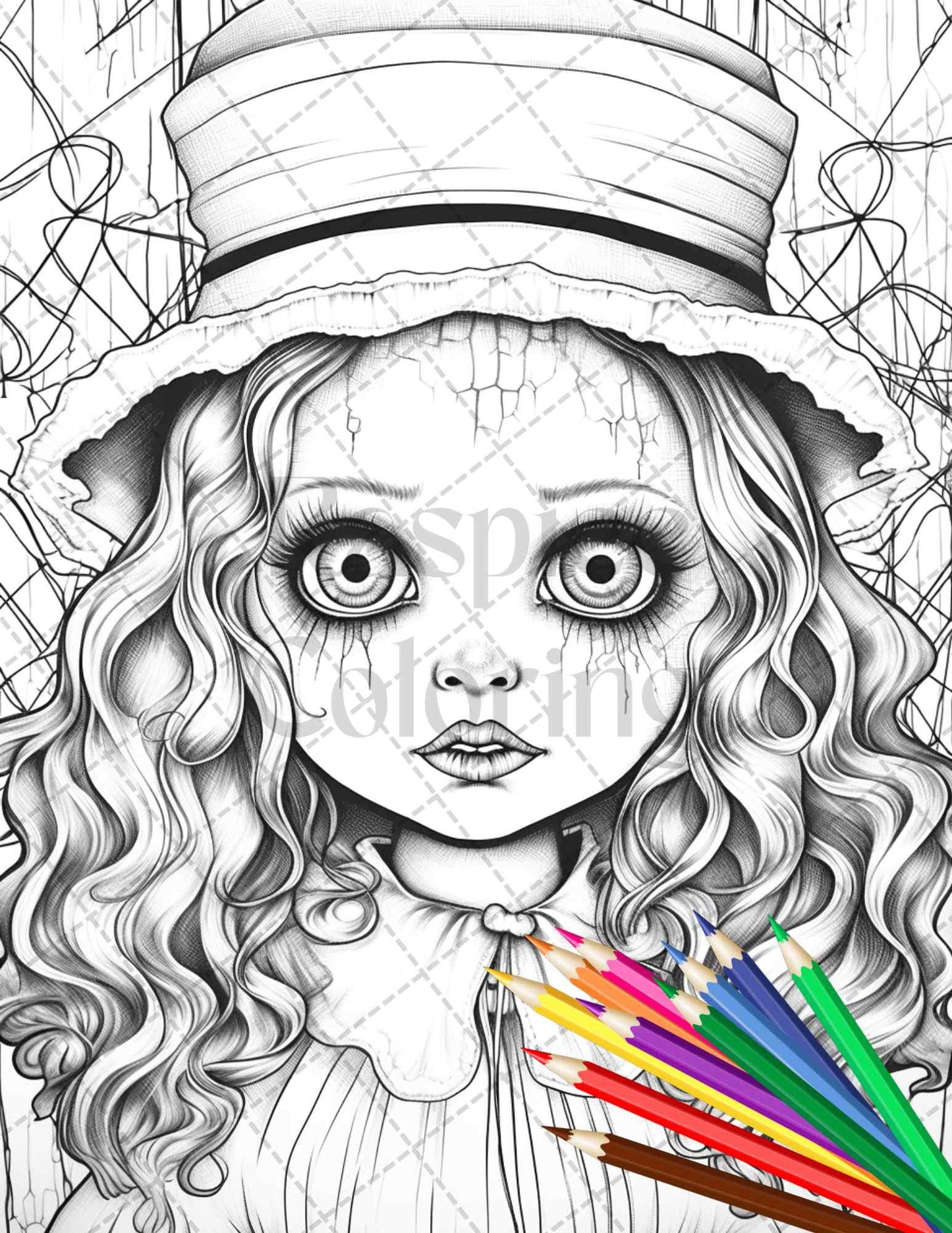 40 Creepy Porcelain Dolls Grayscale Coloring Pages for Adults, PDF File Instant Download