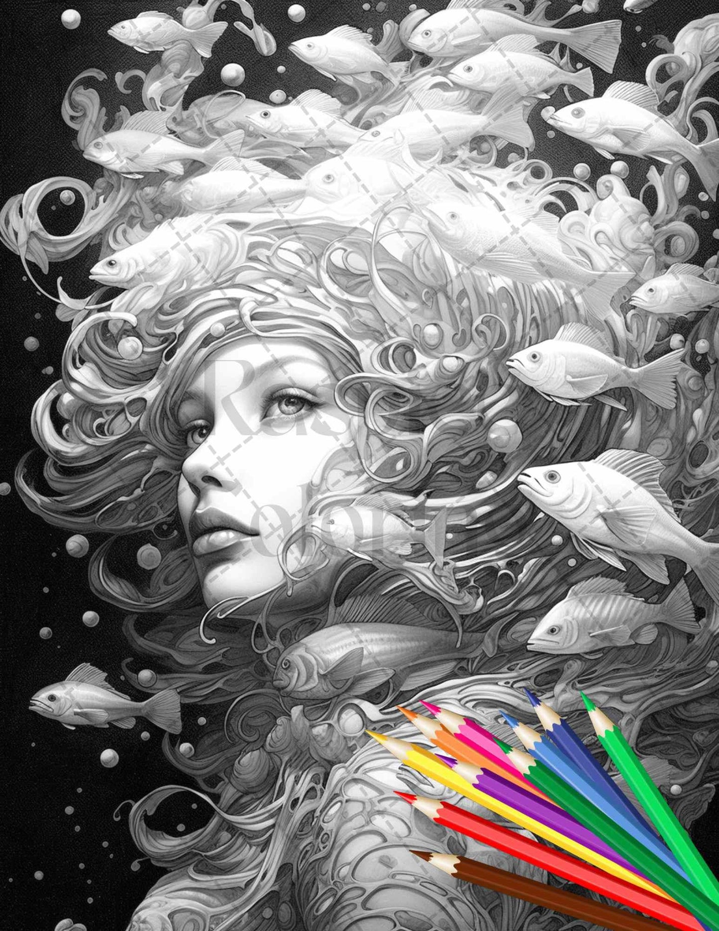 40 Enchanted Mermaid Grayscale Coloring Pages Printable for Adults, PDF File Instant Download