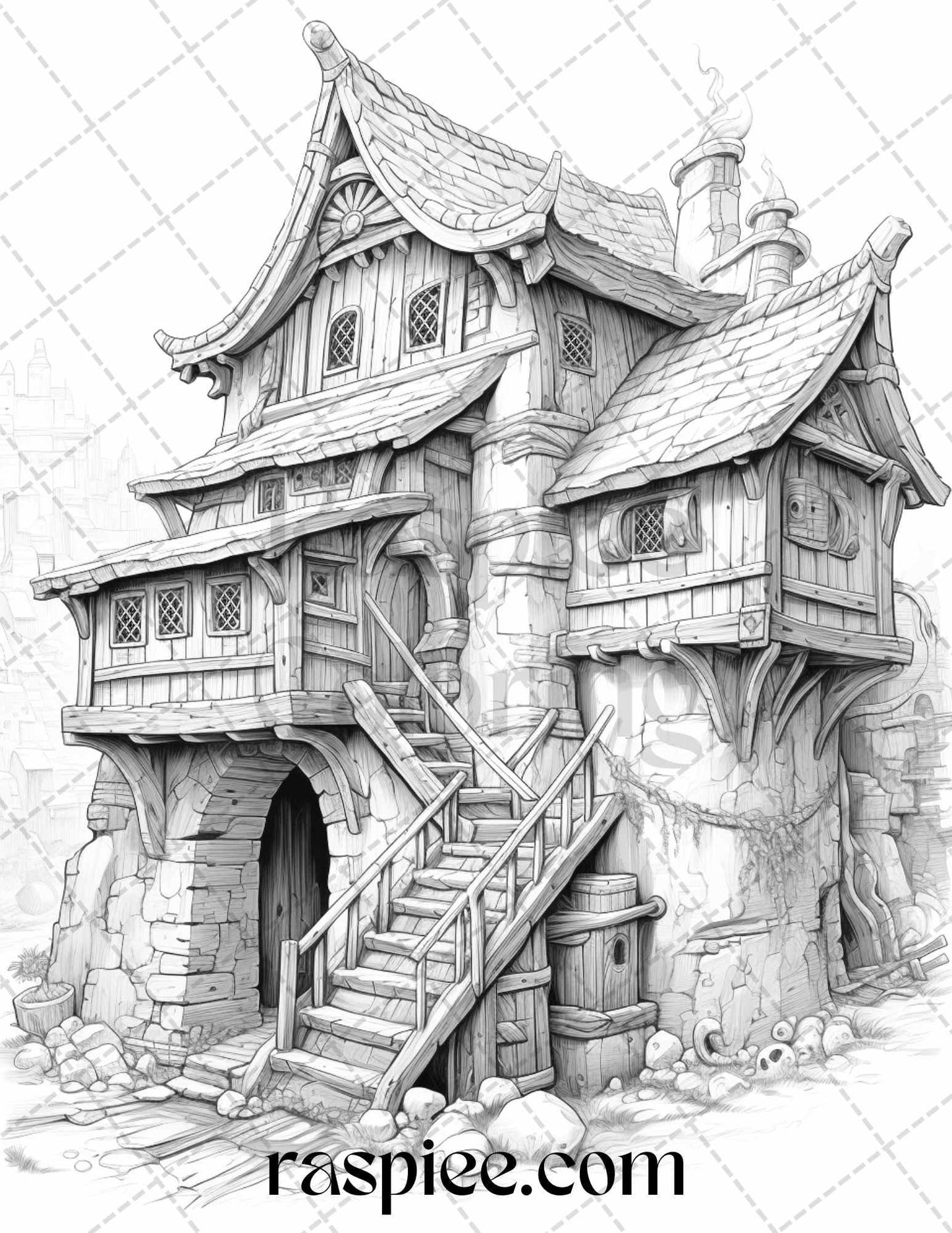 40 Viking Houses Grayscale Coloring Pages Printable for Adults, PDF File Instant Download