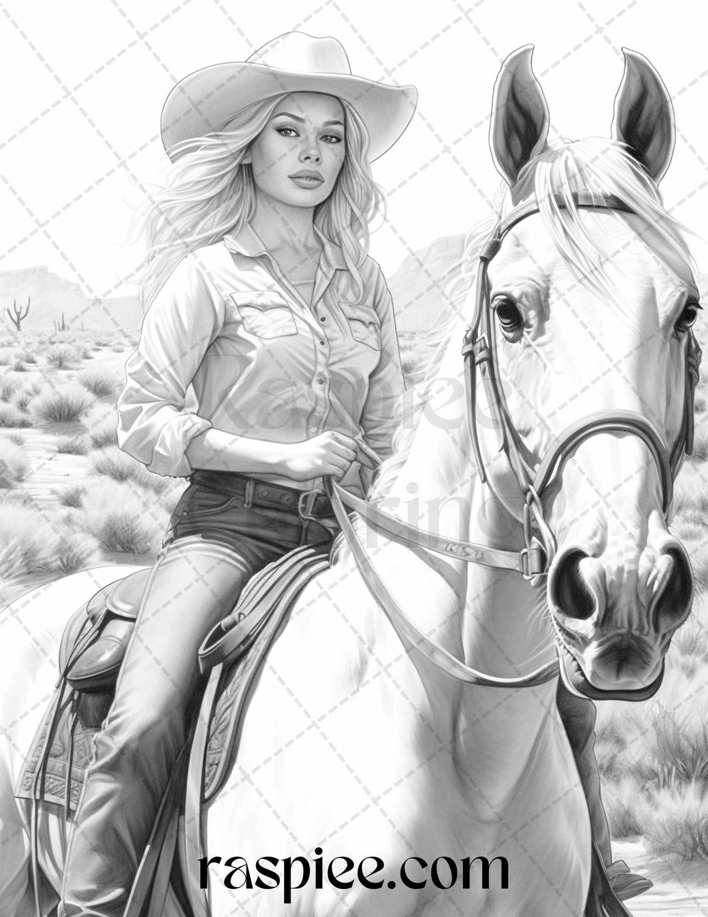 40 Beautiful Cowgirls Grayscale Coloring Pages Printable for Adults, PDF File Instant Download