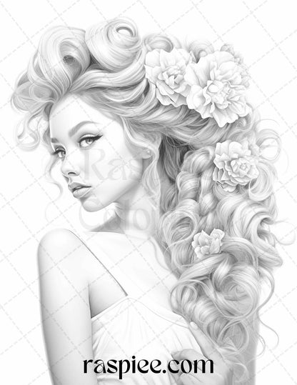 43 Beautiful Hairstyles Grayscale Coloring Pages Printable for Adults, PDF File Instant Download