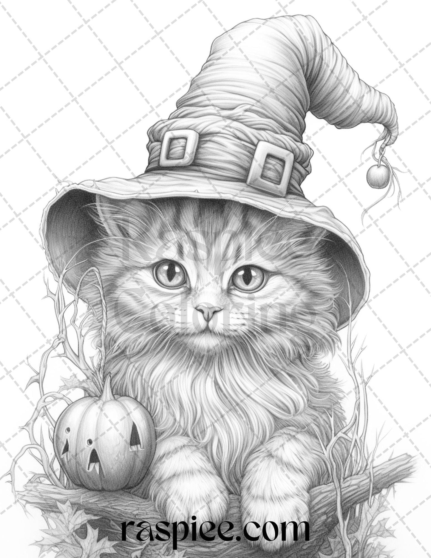 40 Halloween Witch Cat Grayscale Coloring Pages Printable for Adults, PDF File Instant Download