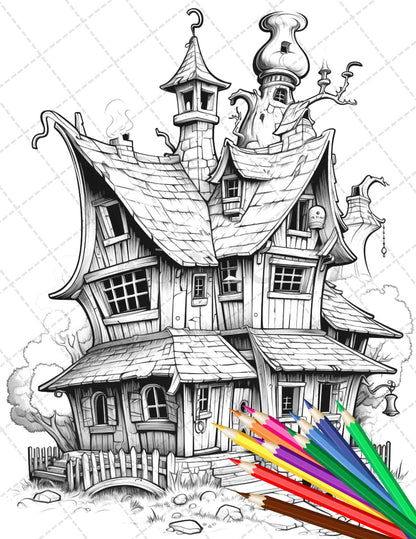 32 Spooky Houses Coloring Pages Printable for Adults, Grayscale Coloring Page, PDF File Instant Download