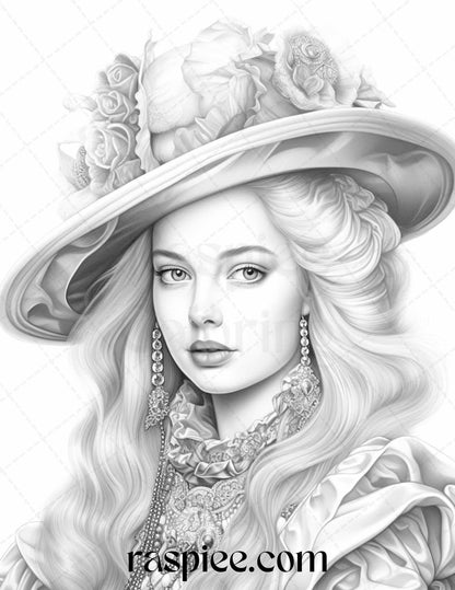 40 Baroque Women Portrait Grayscale Adult Coloring Pages Printable, PDF File Instant Download