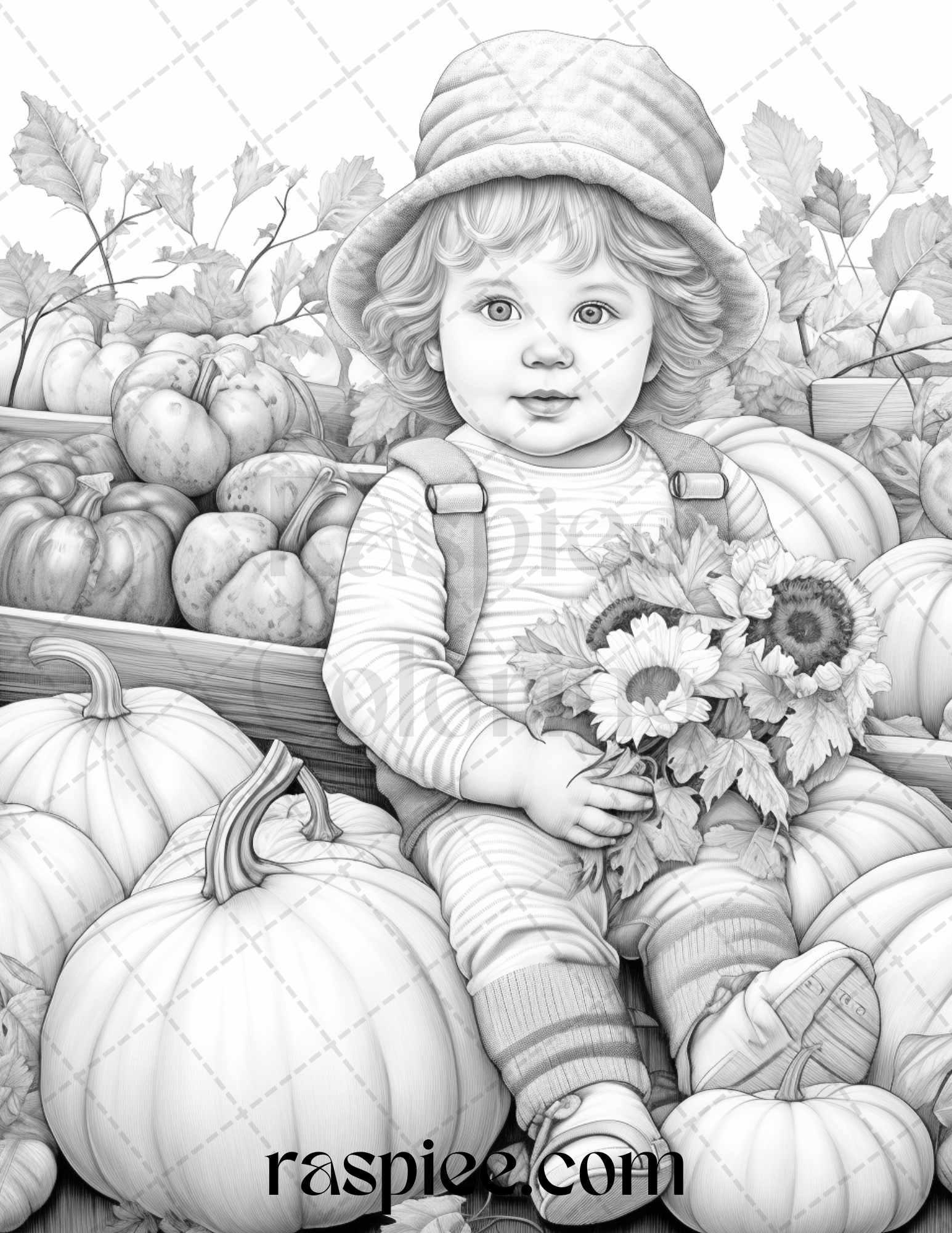 40 Pumpkin Babies Grayscale Coloring Pages for Adults and Kids, Printable PDF File Instant Download