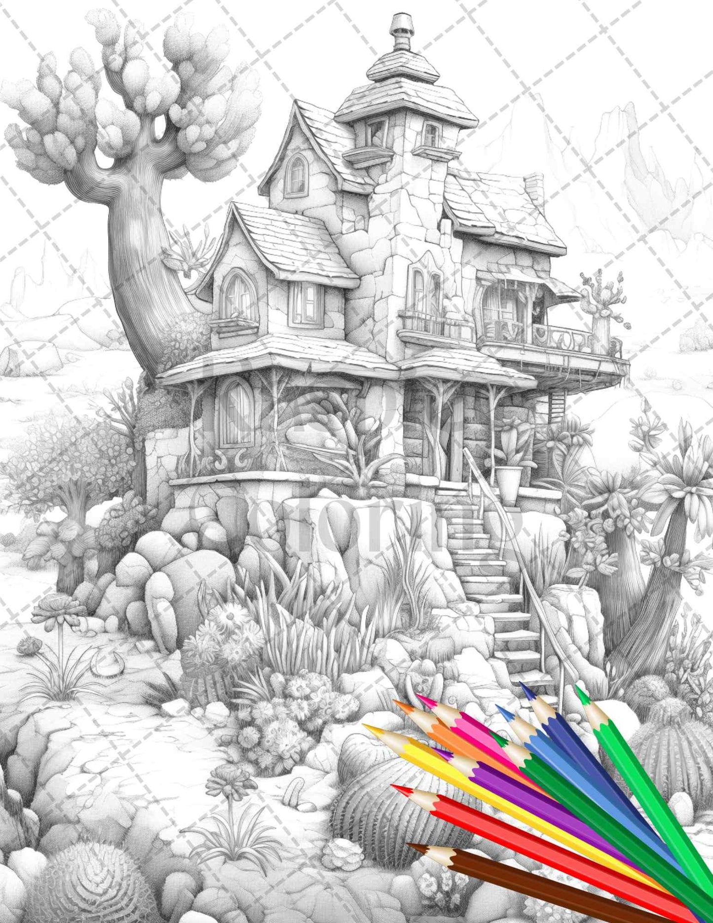 46 Fantasy Cactus Houses Grayscale Coloring Pages Printable for Adults, PDF File Instant Download