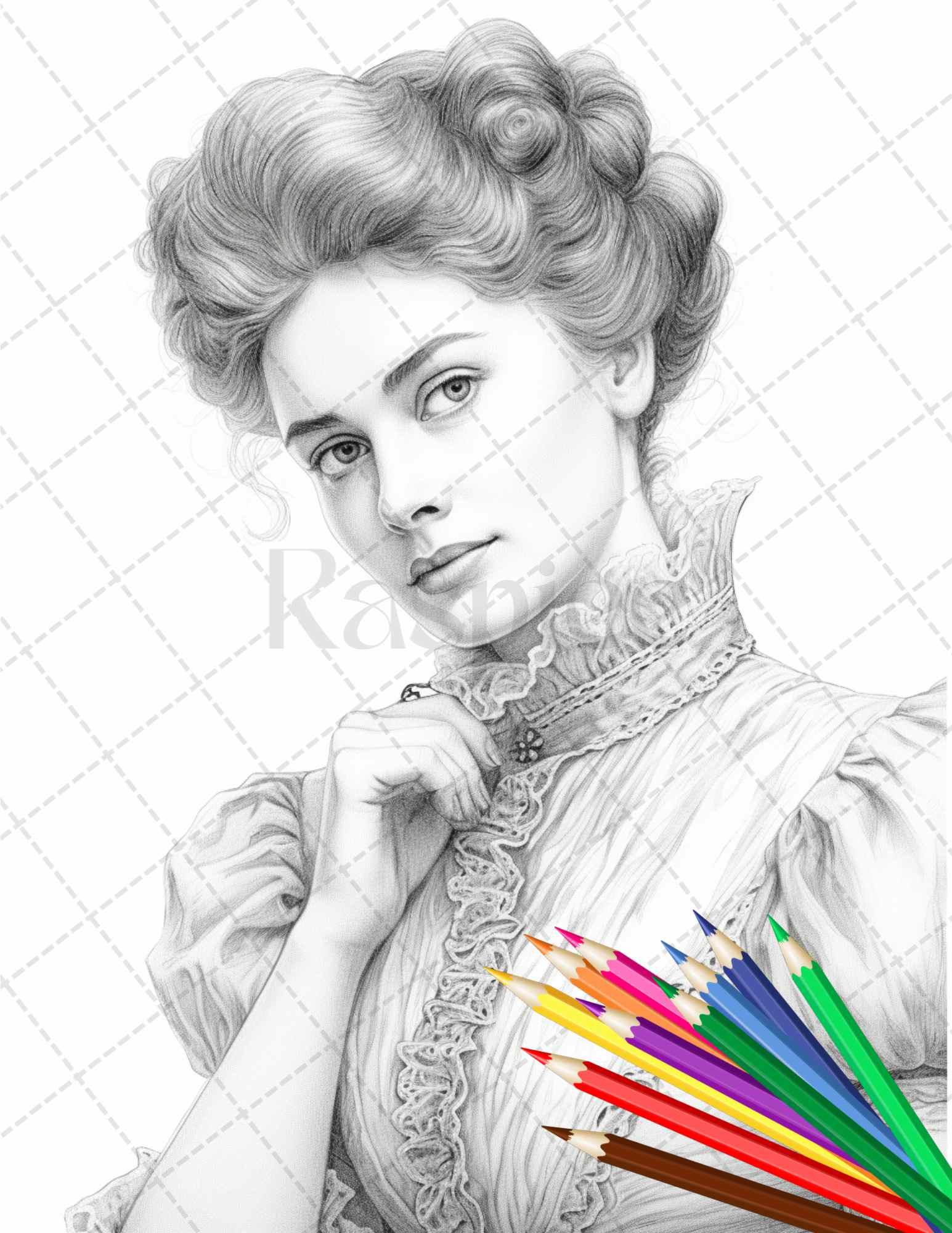 43 Beautiful Victorian Women Grayscale Coloring Pages Printable for Adults, PDF File Instant Download