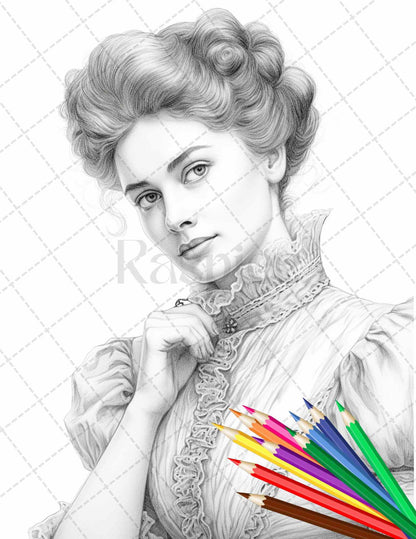 43 Beautiful Victorian Women Grayscale Coloring Pages Printable for Adults, PDF File Instant Download