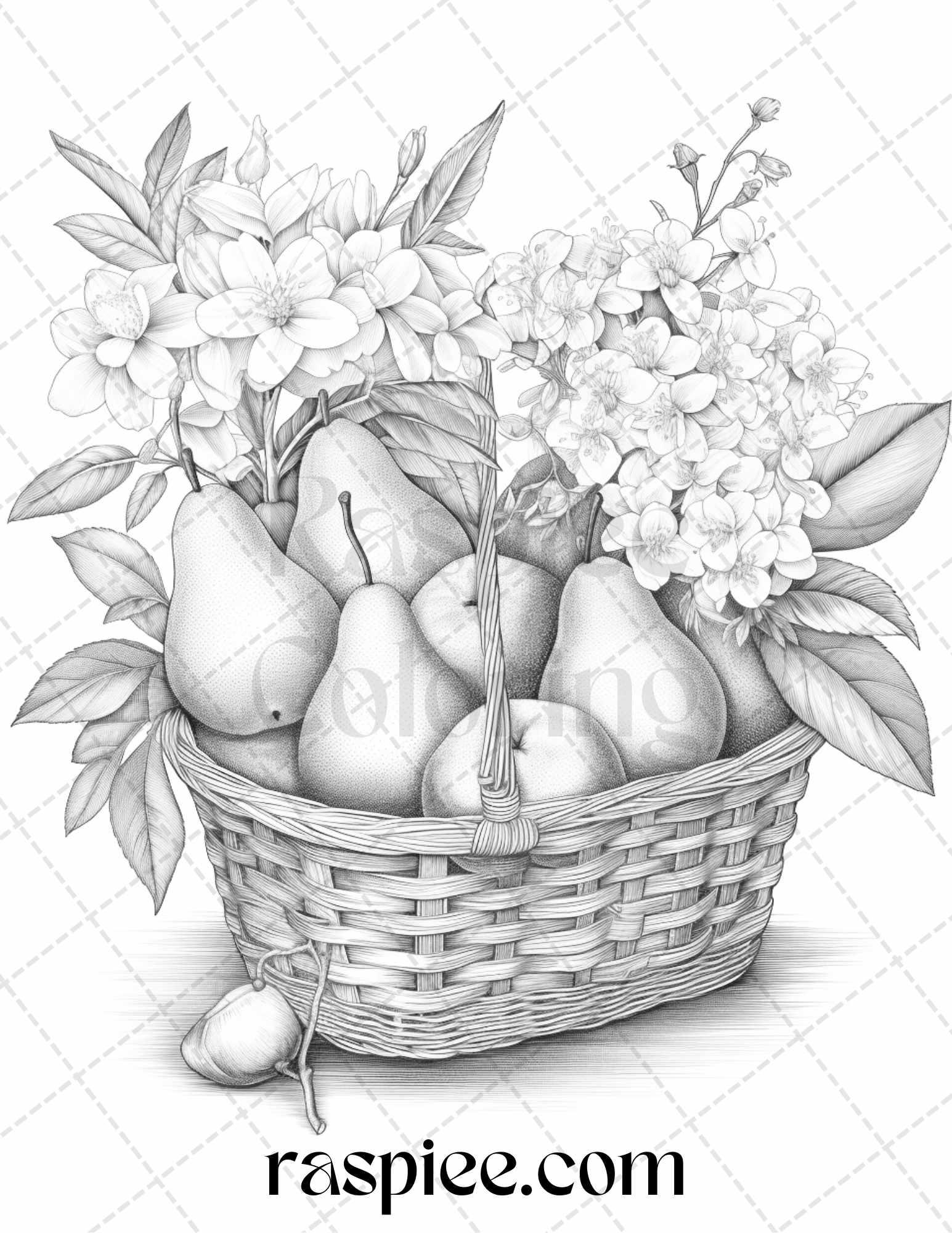 40 Fruit Basket Grayscale Coloring Pages Printable for Adults, PDF File Instant Download