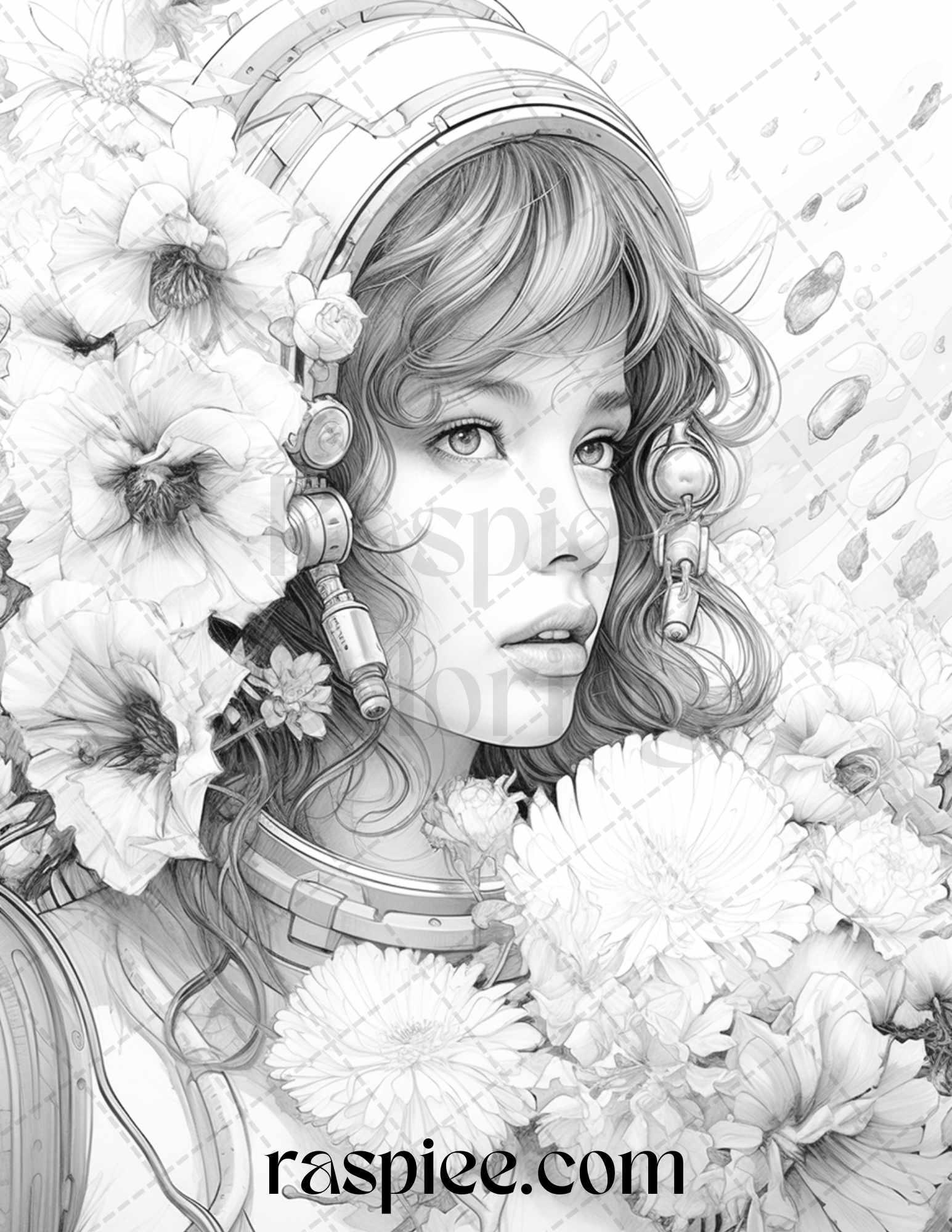 50 Astronaut Girl Portrait Grayscale Coloring Pages Printable for Adults, PDF File Instant Download